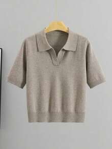 Camiseta de punto de manga corta para mujer, suéter casual cómodo y suave con cuello polo, para primavera/verano - Caqui - Ver 7