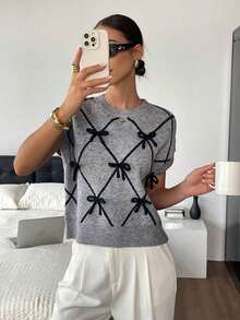 Parte superior de punto sin mangas con patrón de lazo y color contrastante gris, para uso casual en otoño/invierno, uso diario durante las cuatro estaciones, nuevos llegados de otoño para mujeres, maestras y salidas, tops de jersey para mujeres - Gris - Ver 3