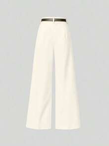 Pantalones rectos de cintura media de unicolor elegante con cinturón, negro, primavera - Crema - Ver 3