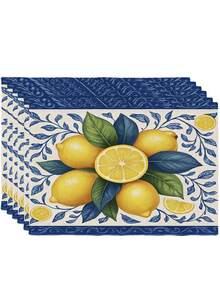 2/4/6 Piezas Manteles individuales rectangulares resistentes al calor con estampado de Hortensias, Mariposas, Limones, Fresas y Manzanas, en estilo rústico para el hogar, cocina, comedor y fiestas - Azul - Ver 8