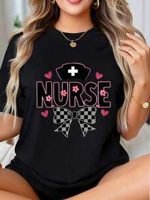 T-Shirt With Nurse's Hat And Bow Design For Medical Professionals, With Heart And Flower Details - Urban Vintage Style, Unisex, Cotton, Short Sleeve, Round Neck, 100% Cotton. - 黑色 - 查看 7