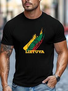 Camiseta de talla grande para hombre, simple y elegante, casual y relajada, camiseta de verano casual de manga corta y cuello redondo con gráfico de baloncesto lituano, TALLA GRANDE - Negro - Ver 1