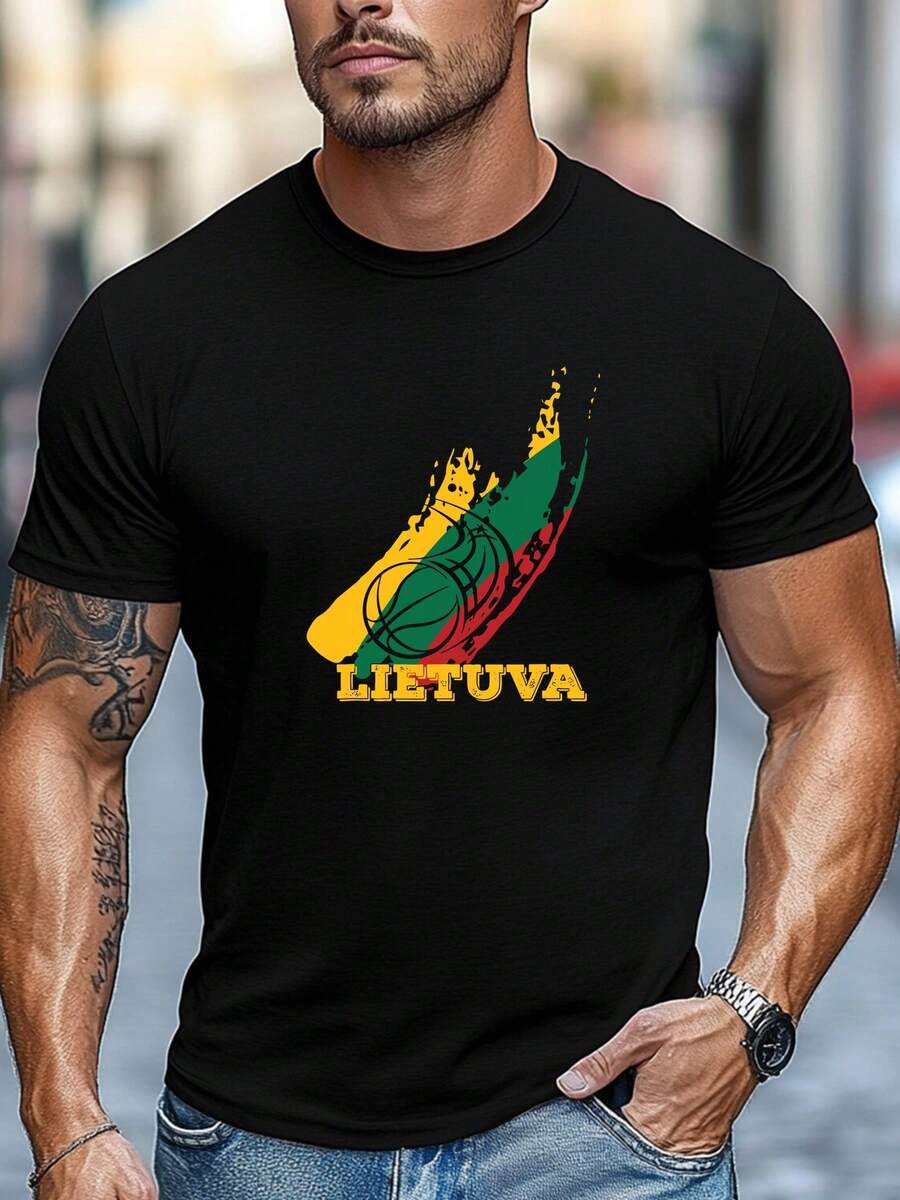 Camiseta de talla grande para hombre, simple y elegante, casual y relajada, camiseta de verano casual de manga corta y cuello redondo con gráfico de baloncesto lituano, TALLA GRANDE - Negro - Ver 1