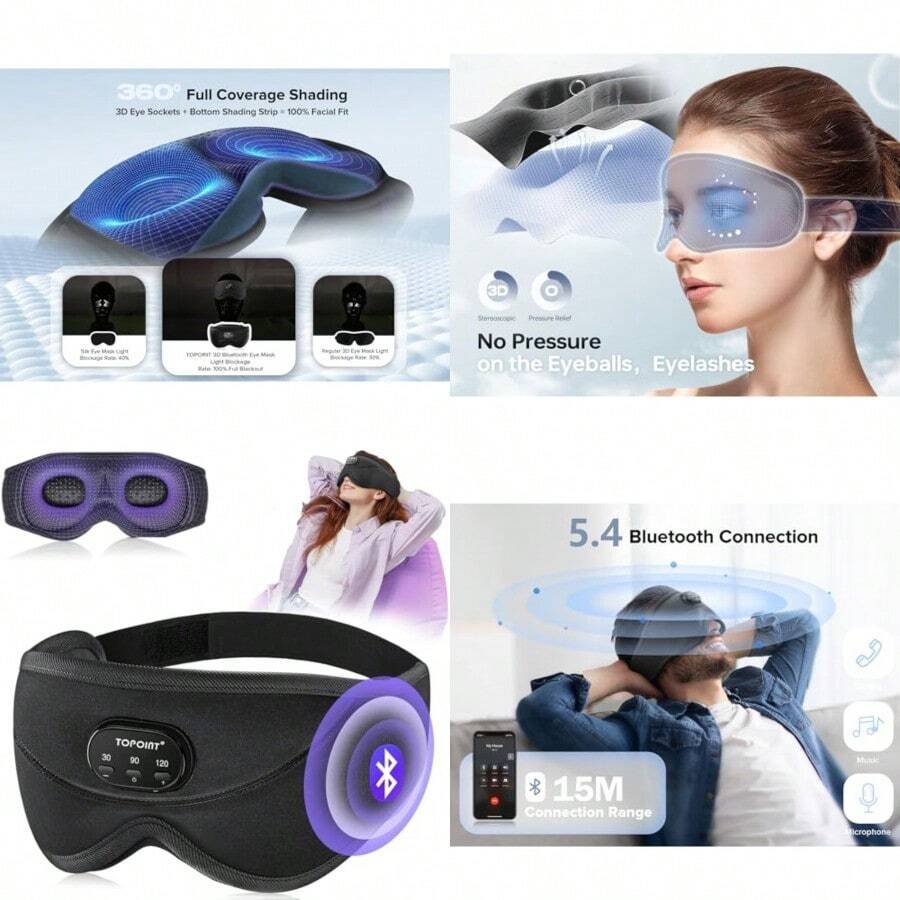 TOPOINT - Máscara de sueño con auriculares Bluetooth máscara de ojos 3D para dormir con ruido blanco oscurecimiento total Bluetooth 5.4 temporizador 15 horas para mujeres y hombres viajes - Negro 3D - Ver 1