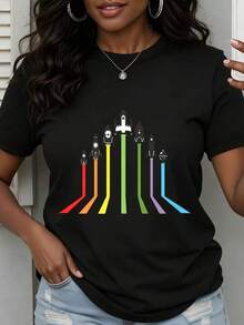 Camiseta de Moda para Mujer con Estampado Gráfico de Cohetes Arcoíris y Transbordador Espacial, Top Casual de Verano para Uso Diario y Viajesblusa casual mujer - Negro - Ver 2