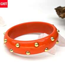 GNIT Gold & Resin Bangle Bracelets For Women, 3PCS/1pc Chunky Statement Stackable Bangles With Hammered Gold, Silver Foil & Studded Jewelry Set - Orange. Translucent. Gold - View 6