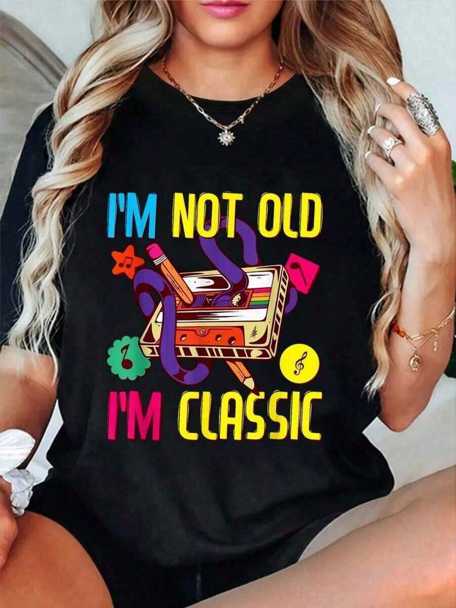 1 pieza de ropa estilo años 90 para mujer y hombre, disfraz de los años 80, camisa clásica "No soy viejo, soy clásico", camisas casuales de manga corta para hombre y mujer, 180g, 100% algodón. - Negro - Ver 1