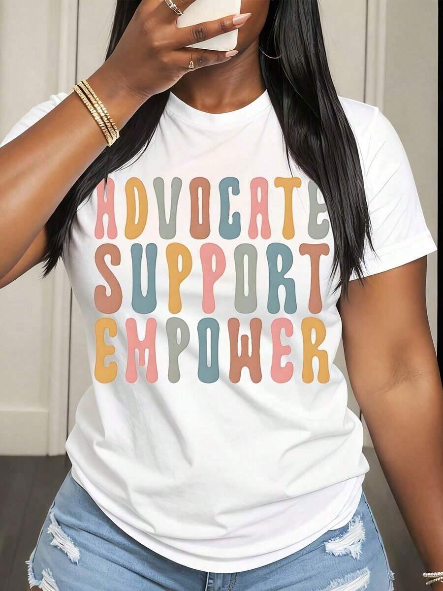 Camiseta Casual para Mujer con Estampado de Texto Colorido que Promueve el Apoyo y el Empoderamiento, Ideal para Uso Diario y Eventos de Activismo - Blanco - Ver 1