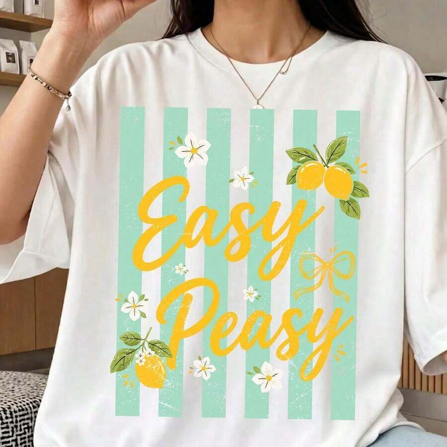 1 pieza de camiseta de mujer para primavera/verano: sencilla y fácil de usar, con estampado de limones, cuello redondo y manga corta, 180g, 100% algodón. - Blanco - Ver 1