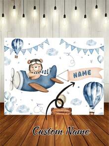 Customizable Pilot Bear Theme Banner Background, Blue Flag Paper Plane Star Globe Hot Air Balloon Decor Design, Suitable For Baby Shower, Birthday Party Backdrop, Photography Props, Vinyl - Blue - View 2