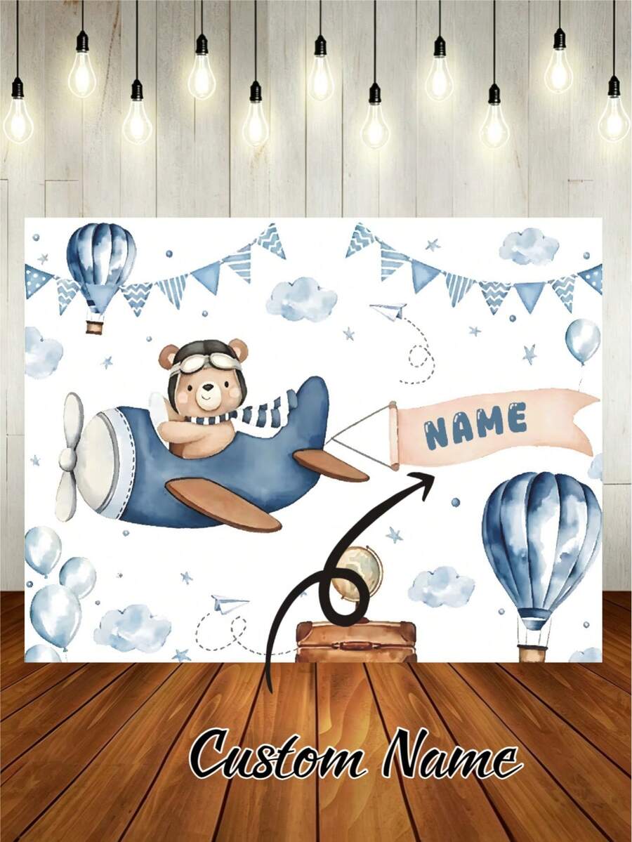 Customizable Pilot Bear Theme Banner Background, Blue Flag Paper Plane Star Globe Hot Air Balloon Decor Design, Suitable For Baby Shower, Birthday Party Backdrop, Photography Props, Vinyl