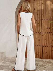 Conjunto casual de 2 piezas para mujer: Top con botones y pantalones en bloques de color - Negro - Ver 2