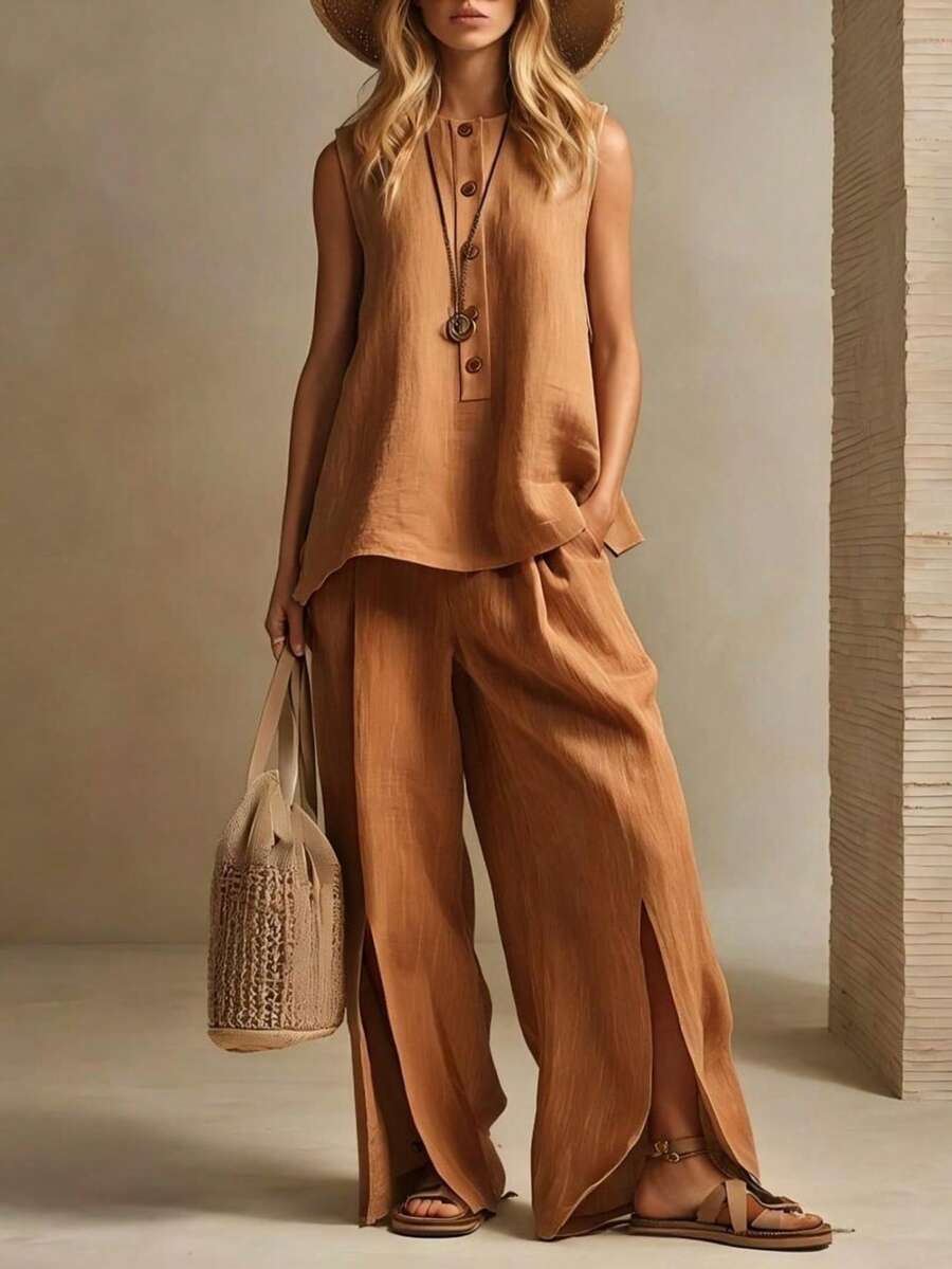 Women's One-Tone Outfit, A Refined Look For Everyday Wear - Caramel Color - View 1