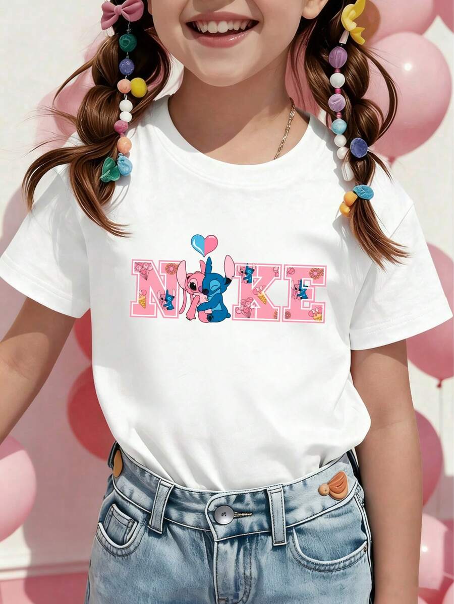 Officially Licensed Disney Lilo & Stitch Kids T-Shirt, 100% Cotton Ultra Comfortable Super Soft Tee For 4-12 Years Old Boys & Girls, Relaxed Fit Stylish Stitch & Angel Print Casual Top, High-Appearance Eye-Catching, Versatile Daily Wear, Ideal For School & Commute, New Arrival, Express Delivery - trắng - Xem 1