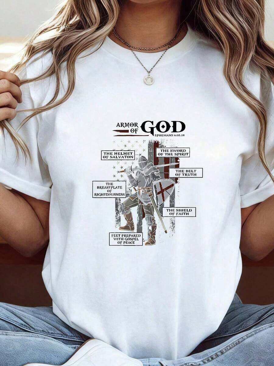 1 Cotton T-Shirt With The Biblical Verse "Armor Of God Ephesians 6:10-18", 180g, 100% Cotton. - 白色 1 - 查看 1