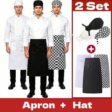 2-Set Chef Apron & Hat Bundle, Solid White / Black / Checkerboard Half Aprons With Matching Toques, Adjustable Waist Uniform - Multicolor - View 1