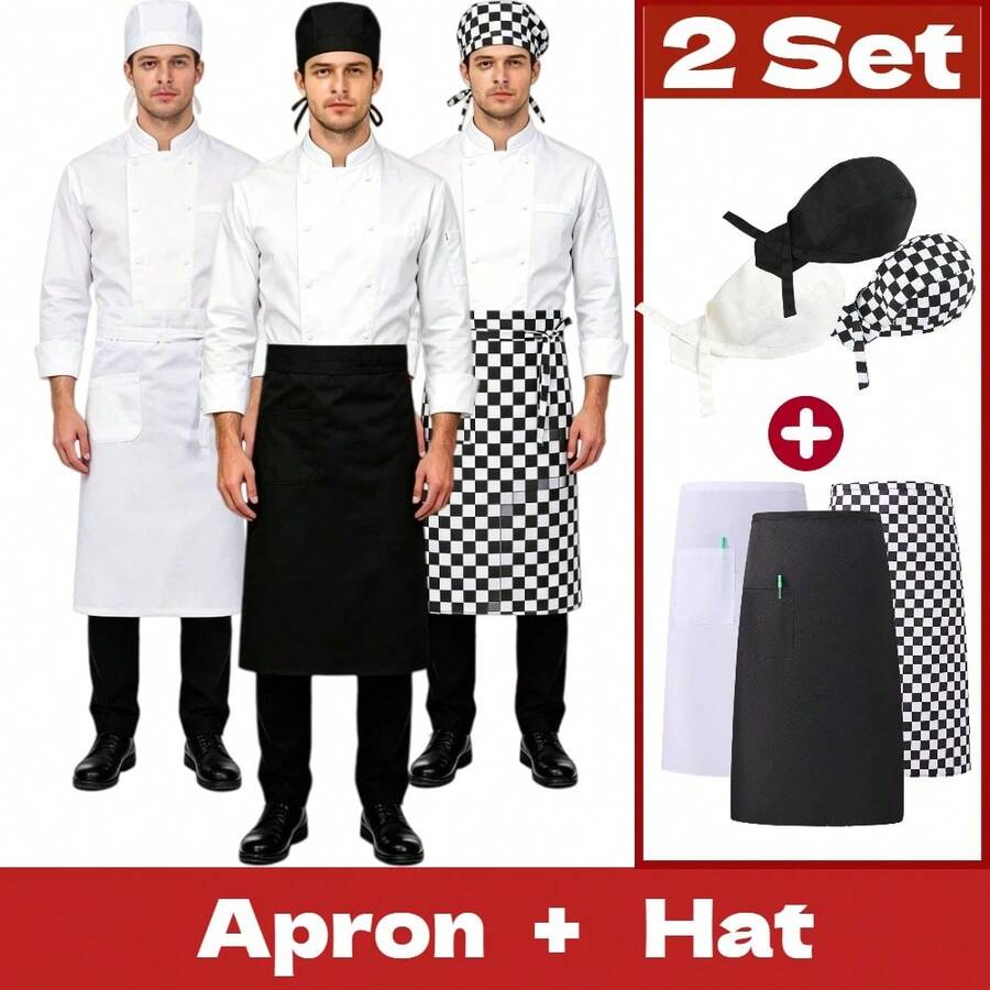 2-Set Chef Apron & Hat Bundle, Solid White / Black / Checkerboard Half Aprons With Matching Toques, Adjustable Waist Uniform - Multicolor - View 1