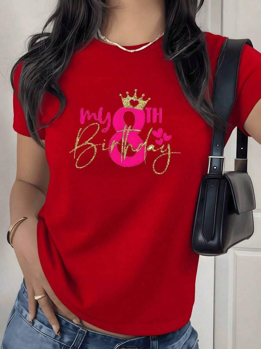 Camiseta con estampado gráfico de corona de cumpleaños, 220g, 1 pieza, para celebración del 8º cumpleaños, estilo casual para mujer, 100% algodón, estilo brillante, estilo vintage urbano, unisex, holgada, de manga corta, cuello redondo, 100% algodón. - Rojo - Ver 1