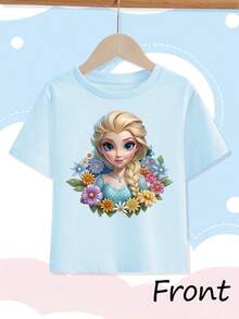 [Authorized] Princess Elsa Frozen Print Disney Girl's Summer Round Neck Casual T-Shirt For Children, Slightly Stretchy Fabric, Suitable For Birthday Gifts, Ideal For Daily Activities, Sports, And Travel, Summer T-Shirts For Girls - Màu xanh nhạt - Xem 2