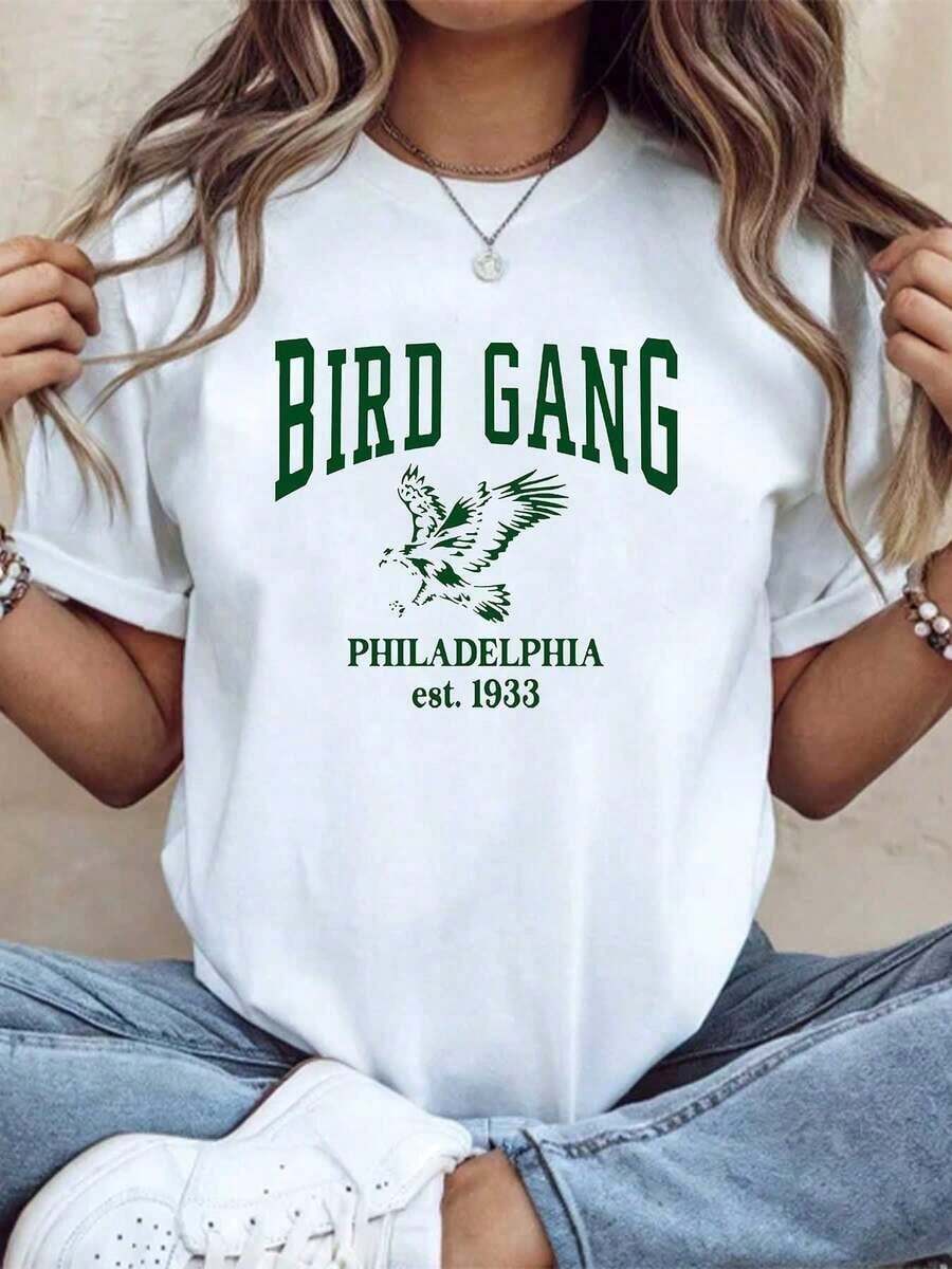 Camiseta Vintage de Algodón, Football Bird Gang Philadelphia Est. 1963, Talla Grande, Estampada, Cuello Redondo, Manga Corta, para Entusiastas del Fútbol Americano, Casual, Cómoda, Transpirable, 100% Algodón, 220g, para Uso Diario - Blanco - Ver 1