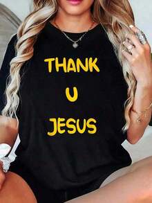 100% cotton Camiseta  con Estampado 'Gracias, Jesús', Cruz Cristiana, Fe en Dios, Biblia, Religiosa, para Mujer - Negro - Ver 7