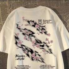 Camiseta De Manga Corta Unisex De Estilo Americano Con Estampado De Flores De Cerezo Y Rayos, De La Marca Conjunta , VersáTil Y De Moda Urbana Para El Verano. - Blanco - Ver 6