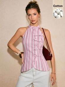 Blusa de verano con estampado de rayas, lazo decorativo y ajuste ceñido para uso casual, de viaje y diario - Rosa - Ver 10