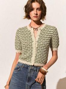 Nueva llegada Primavera/Verano Blusa de punto de manga corta con estampado de rayas retro francés, patchwork y calado para mujeres - Verde - Ver 3