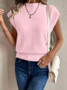 Chaleco de lana sin mangas de estilo elegante francés color albaricoque con cuello alto, corte asimétrico, adecuado para salir y asistir a fiestas, otoño/invierno - Rosa - Ver 7