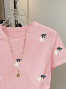 Camiseta de manga corta casual de mujer con bordado de cerezas, para verano - Rosa - Ver 4