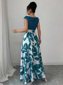 Vestido midi casual de estilo vacacional con escote en V, cintura y vuelo, en estampado azul de patchwork para mujer - Azul lavado oscuro - Ver 2