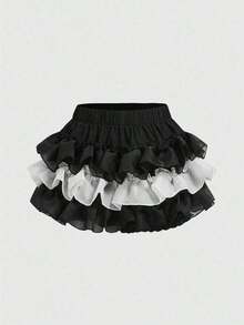 Kawaii Falda pantalón con volantes de color contrastante para mujer - Blanco y Negro - Ver 5