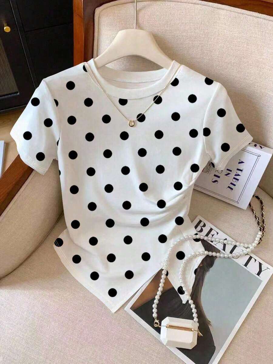 Camiseta ajustada de cuello redondo versátil de ajuste ceñido con estampado de leopardo, nueva llegada primavera/verano para mujer - Multicolor 4 - Ver 1