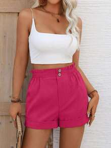 Pantalones cortos sencillos y casuales con volantes para mujer - Rosa Fucsia - Ver 4