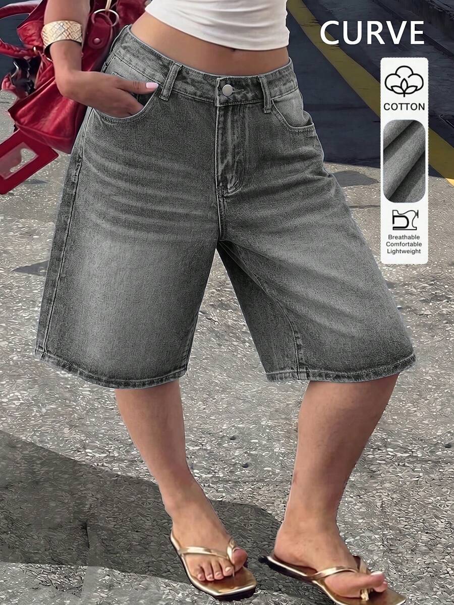 Celana Pendek Bermuda Ukuran Besar dengan Warna Terang, Desain Kaki Lurus dengan Saku dan Resleting, Tampilan Kasual Musim Panas yang Bergaya - Light Grey - View 1