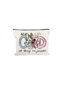 1pc Christian Floral Print Makeup Bag, With God All Things Are Possible Quote Cosmetic Pouch,Available In 6 Colors, Portable Toiletry Organizer For Travel, An Ideal Gift For Back-To-School Season, Christmas, Birthdays, Mother's Day, And Travel Essentials Lovers. - Multicolor - View 16
