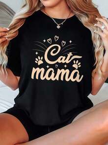 Camiseta Casual de Mujer, Cuello Redondo, Manga Corta, Opciones en Blanco, Camiseta con Estampado 'Mama', Camisetas para Uso Diario, Tops de Verano, Camisetas con Estampado, Conjuntos de Verano para Mujer, Camisetas Cortas para Mujer, Tops Vintage de Algodón, Ropa Linda para Mujer, Moda Femenina - Negro - Ver 1