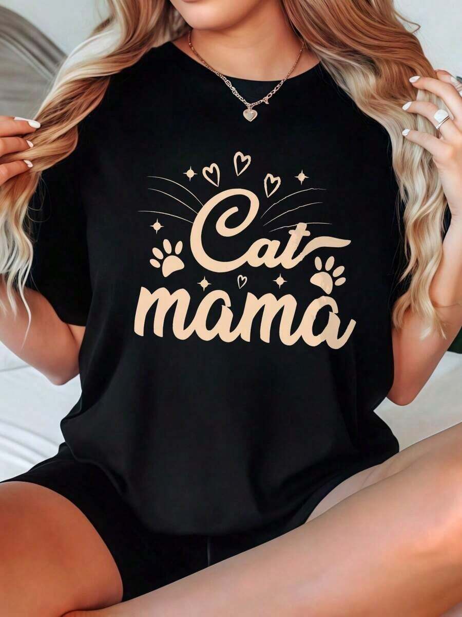 Camiseta Casual de Mujer, Cuello Redondo, Manga Corta, Opciones en Blanco, Camiseta con Estampado 'Mama', Camisetas para Uso Diario, Tops de Verano, Camisetas con Estampado, Conjuntos de Verano para Mujer, Camisetas Cortas para Mujer, Tops Vintage de Algodón, Ropa Linda para Mujer, Moda Femenina - Negro - Ver 1