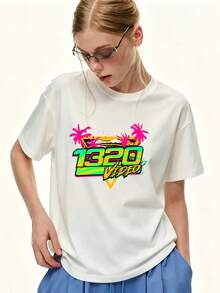 Camiseta de mujer de talla - Top de manga corta con estampado de palmeras de playa y cuello redondo |   Ropa de playa holgada y casual |   Lavable aáquina, adecuado para vacaciones, fiestas y regalos de-building. |   Adecuada para reuniones familiares y uso diario durante todo el año - Camiseta unisex de algodón suelto de manga corta y cuello redondo estilo vintage urbano. - Blanco - Ver 1