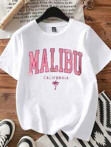 Camiseta con estampado de palmeras de Malibu, California, para playa y uso casual.blusa casual mujer - Blanco - Ver 4