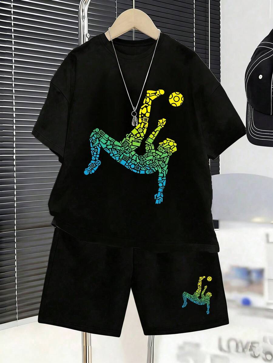 夏季新款青少年男孩舒適套裝-彩色足球球員圖案圓領T恤+短褲,透氣 - 黑色 - 查看 1
