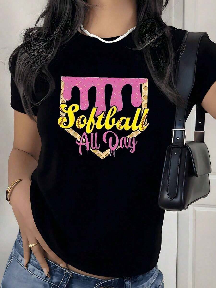 All-Day Softball Graphic Print T-Shirt, 180g, 1 Piece, Sports Theme, Casual For Women, 100% Cotton, Summer Streetwear - 黑色 - 查看 1