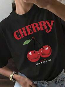 Camiseta negra cerezas gráfico casual mujer estilo moderno, detalle alegre "Cherry", diseño fresco atractivo para uso diario, disponible en tallas S a XL, moda urbana camiseta gráfica . - Negro - Ver 1