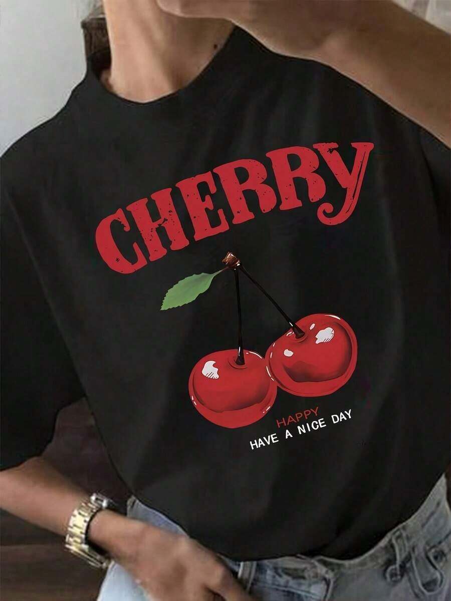Camiseta negra cerezas gráfico casual mujer estilo moderno, detalle alegre "Cherry", diseño fresco atractivo para uso diario, disponible en tallas S a XL, moda urbana camiseta gráfica . - Negro - Ver 1