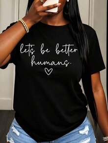 Camiseta Casual para Mujer con Estampado de Texto "Lets Be Better Humans" y Corazón para Uso Diario y Salidas - Negro - Ver 6