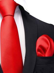 1set Men's Twill Solid Color Tie And Pocket Square Set Suitable For Business, Wedding, Banquet - Red - View 2