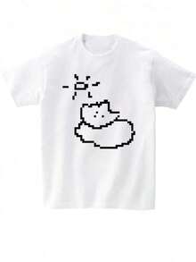 Camiseta de manga corta para mujer, estilo off-shoulder, nueva colección Primavera/Verano 2026, con diseño creativo de píxeles, sol, nubes y animales pequeños, estilo pixelado y lindo, cómoda y agradable al tacto, ideal para uso diario casual. |   Diseño exquisito |   Suelto y cómodo |   Fácil de combinar | - Blanco - Ver 7