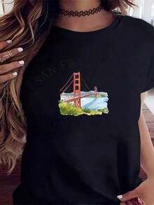 Noticias de Moda: Camiseta con Estampado del Puente Golden Gate de San Francisco, California, Top Casual de Verano para Mujer, Establecida en 1776, Camiseta de Estilo Retro, 200GSM, Camiseta Vintage de Moda Urbana Unisex de Manga Corta, Cuello Redondo, 100% Algodón. - Negro - Ver 2