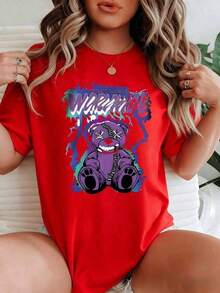 playeras de mujer algodon Oso de peluche morado de peso pesado con costuras, rodeado de un rayo de neón, simboliza la valentía y la rebeldía juguetona. Camiseta casual de 100% algodón para mujer. Idea de regalo. >ropa - Rojo - Ver 6