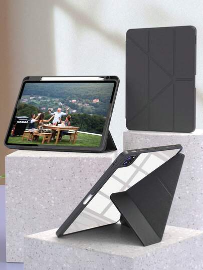1 chiếc ốp lưng silicon gấp ba, dạng mỏng, chống sốc, chống rơi, có ngăn đựng bút, tương thích với các dòng máy Apple Mini 4/5/6, 9.7/10.2/10.5 inch, Air 4/5/6, thế hệ thứ 10, 10.9 inch, Pro 11 inch, Air 11 (M2), Air 13 và Pro 11 (M4). Mặt sau trong suốt, độ trong cao, cho phép tự thiết kế theo ý thích. Màu đen.